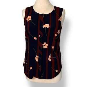 CAbi Style #3600 Sleeveless Navy Brown Round Neck Floral Button Up Blouse Sz XS